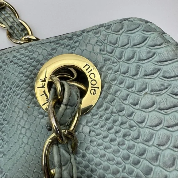 Nicole Miller Faux Leather Snakeskin Slouch Bag Chain Strap Teal - Picture 8 of 15